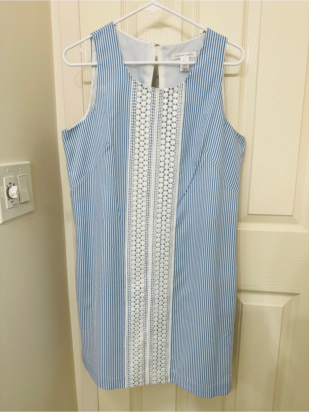 London Times Blue and White Striped Dress with Lace Panel